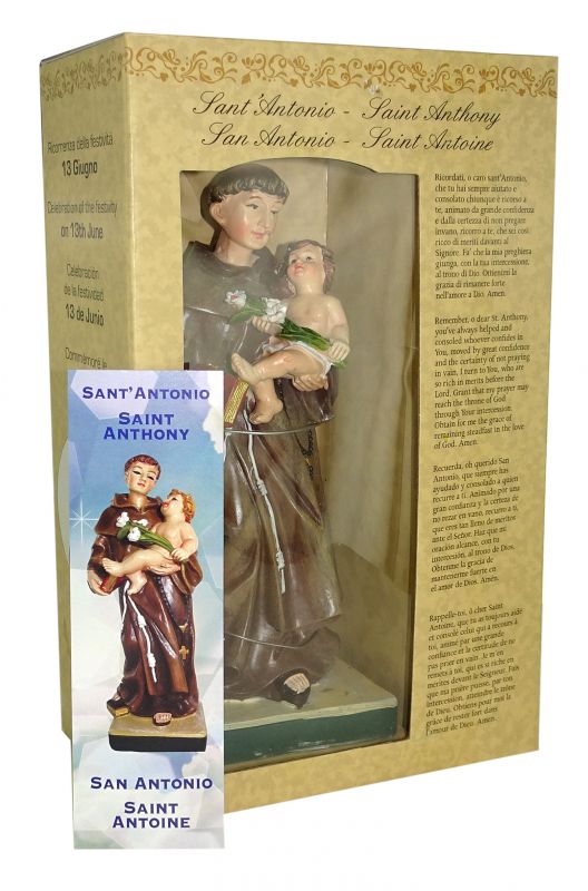 statua di sant'antonio da 20 cm in confezione regalo con segnalibro in it/en/es/fr