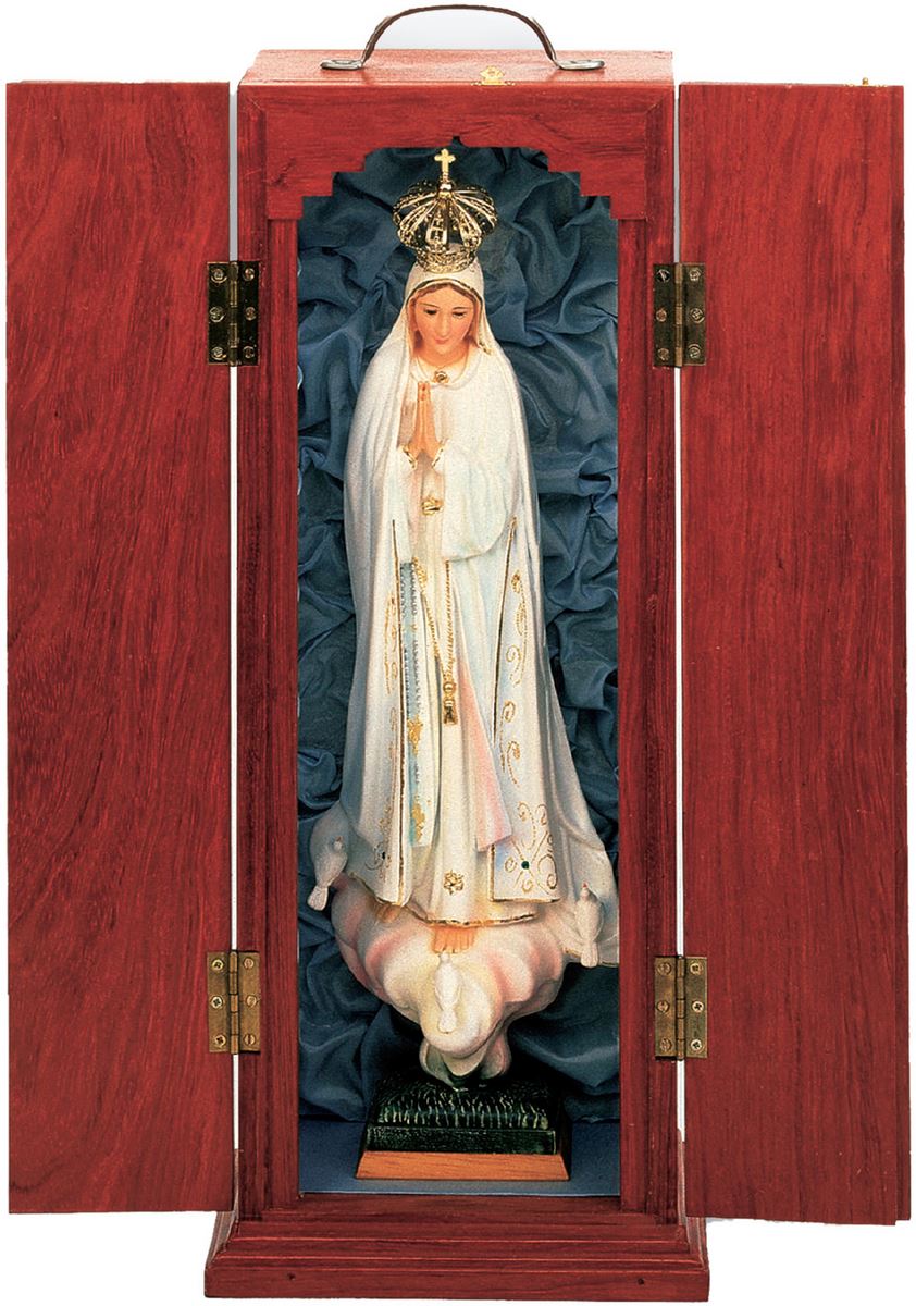 statua madonna di fatima dipinta a mano (49 cm) con custodia/vetrinetta espositiva in legno (70 cm)