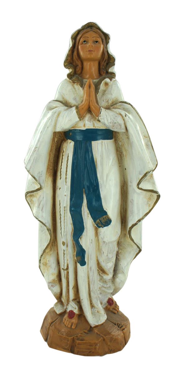 stock: statua madonna di lourdes in plastica/pvc effetto legno dipinta a mano - 17 cm