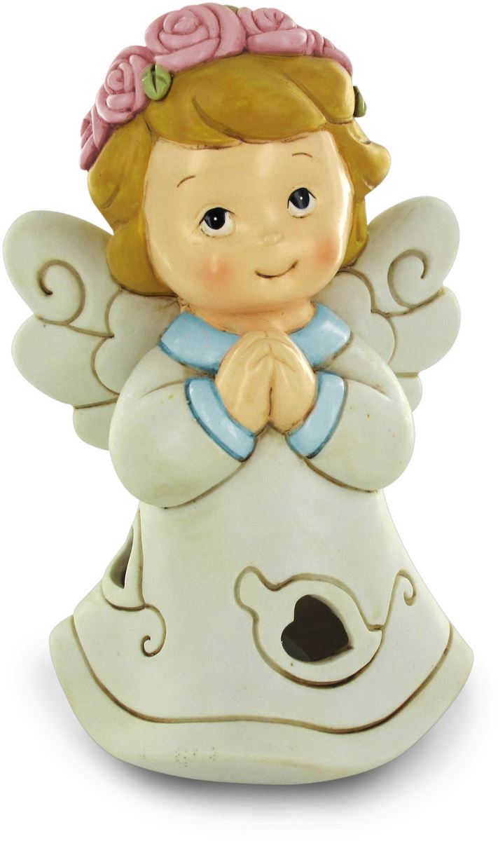 angelo che prega con luce led, orli e fiori azzurri, in resina, 15 cm