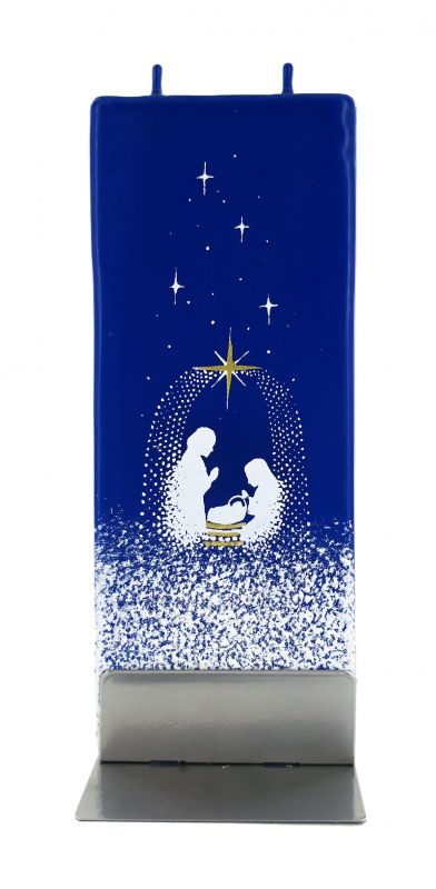 candela natalizia in cera blu con natività 15 x 6 cm