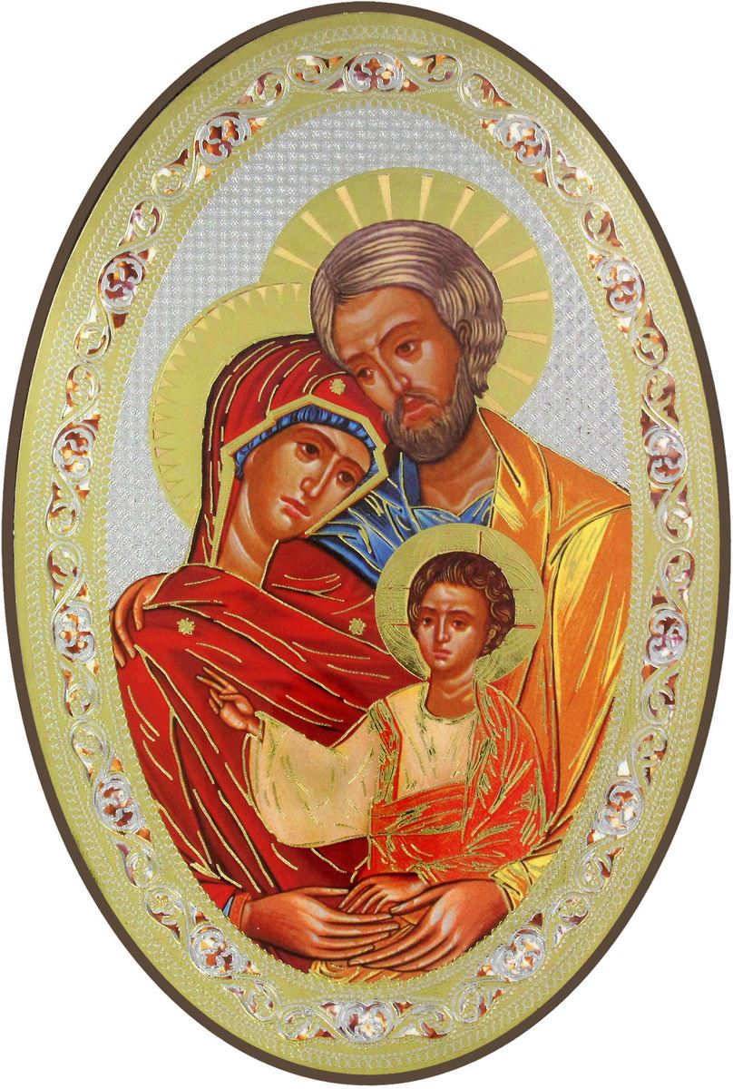 icona sacra famiglia, stampa cartacea su legno mdf ovale - 12 x 18 cm