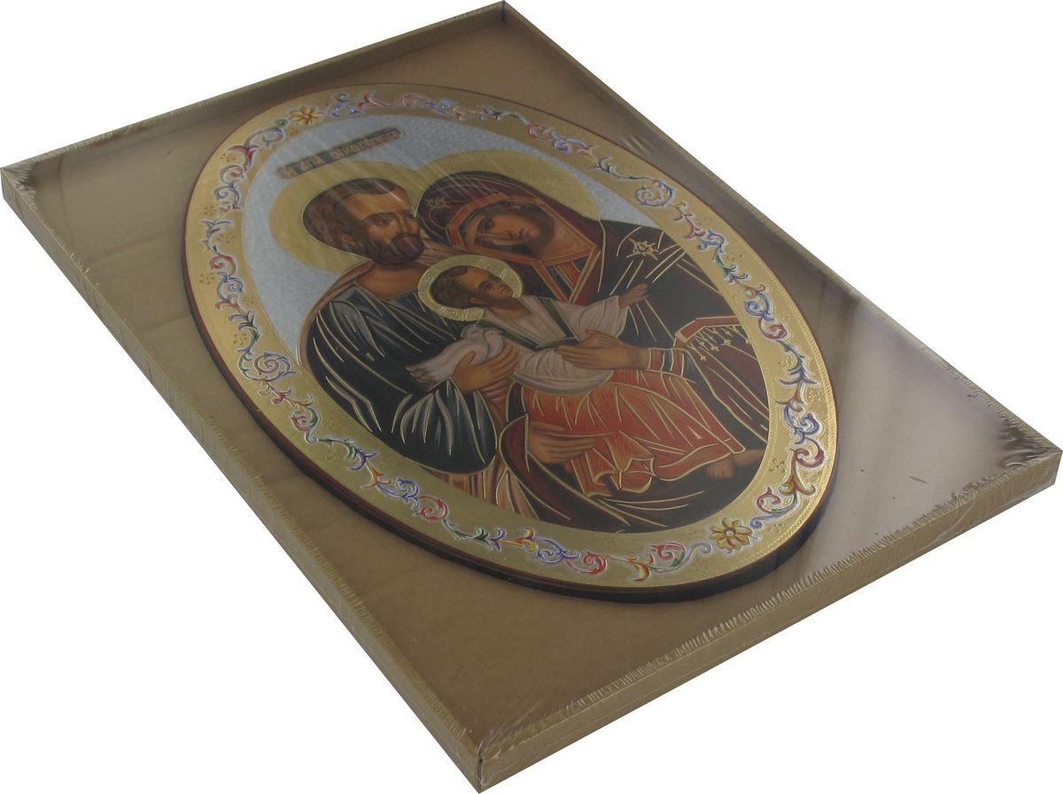 icona sacra famiglia, stampa cartacea su legno mdf ovale - 20 x 30 cm