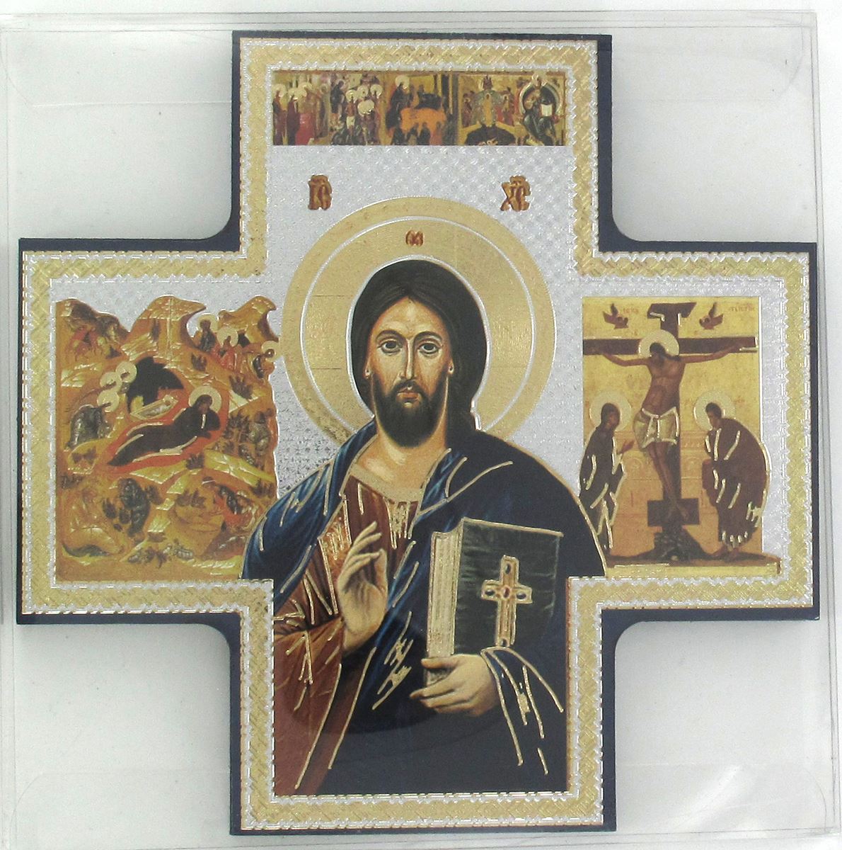 croce icona cristo libro chiuso stampa su legno - 15 x 15 cm