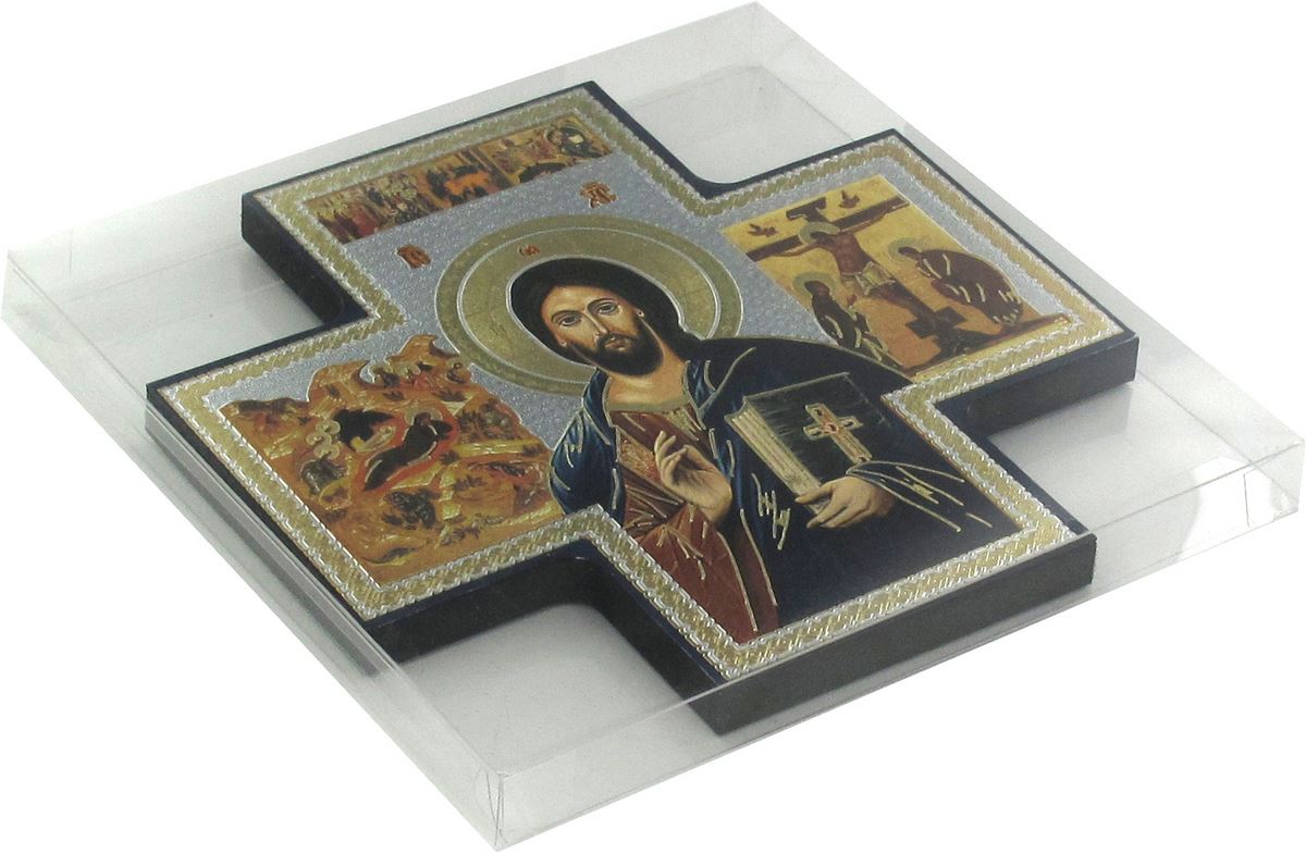 croce icona cristo libro chiuso stampa su legno - 15 x 15 cm