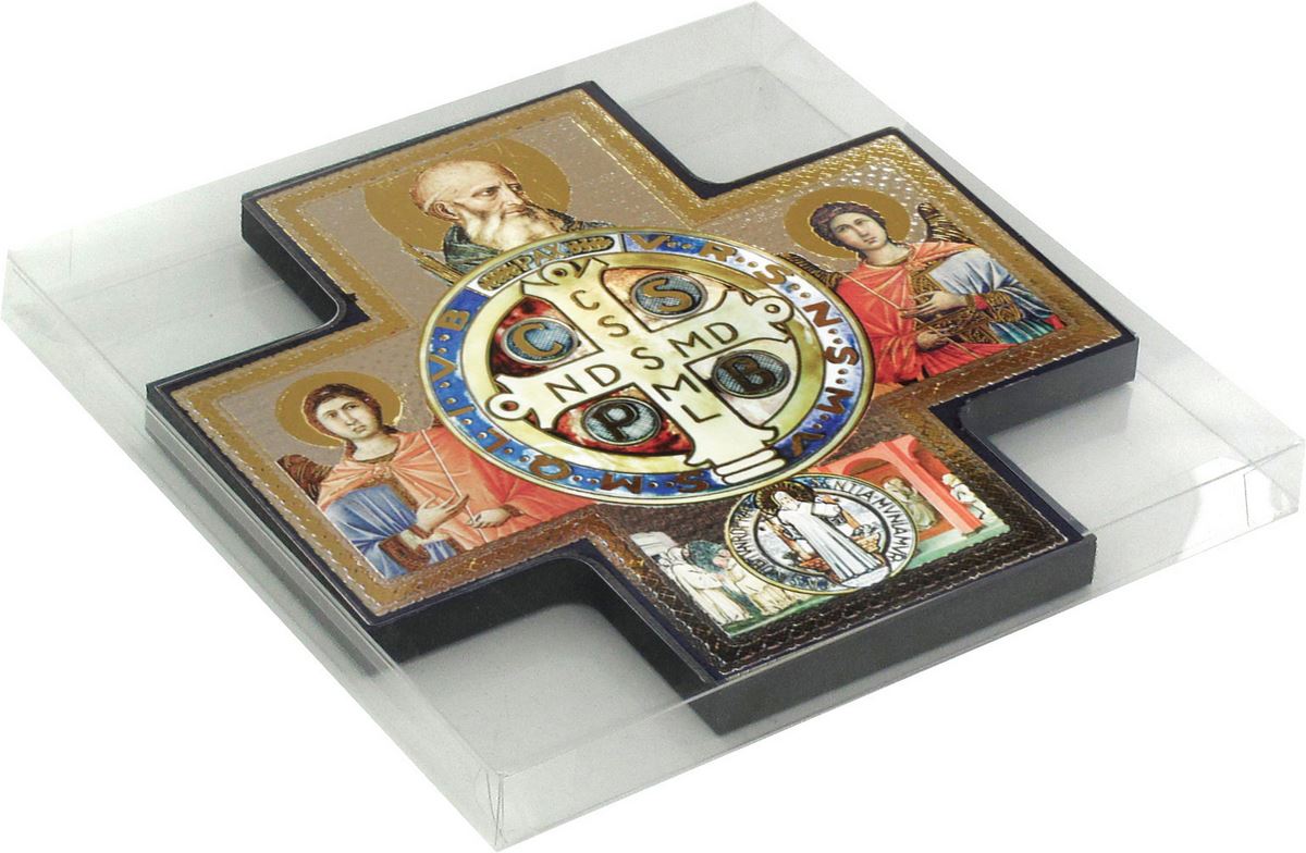  croce icona san benedetto stampa su legno - 15 x 15 cm