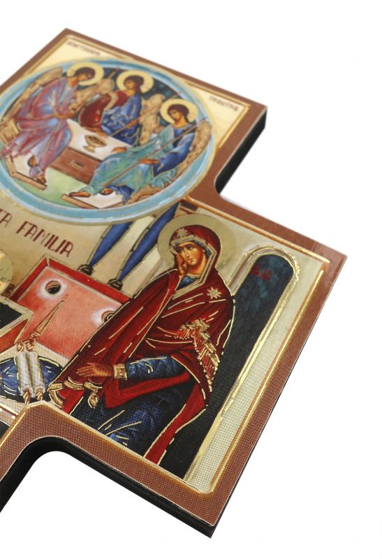croce icona sacra famiglia in legno - 15 x 15 cm