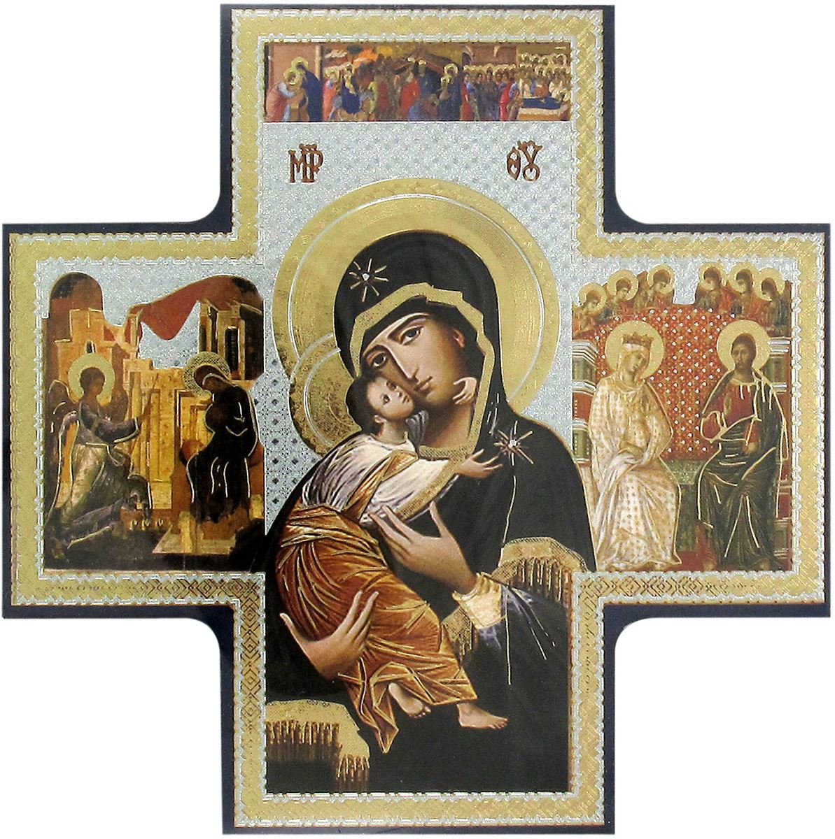 croce icona madonna tenerezza stampa su legno - 15 x 15 cm