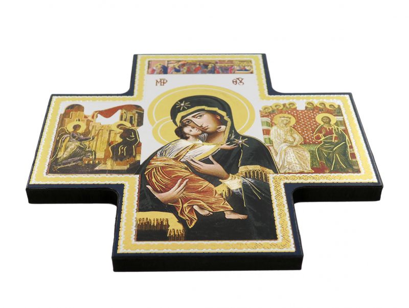 croce icona madonna tenerezza stampa su legno - 15 x 15 cm