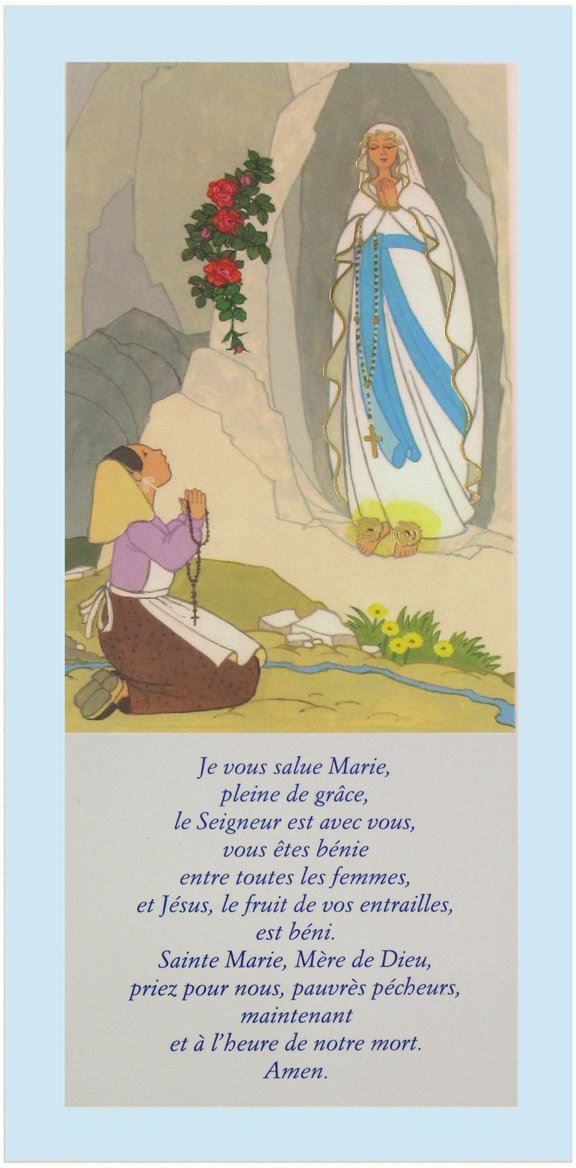 tavola lourdes con preghiera ave maria in francese su legno azzurro - 26 x 12,5 cm   