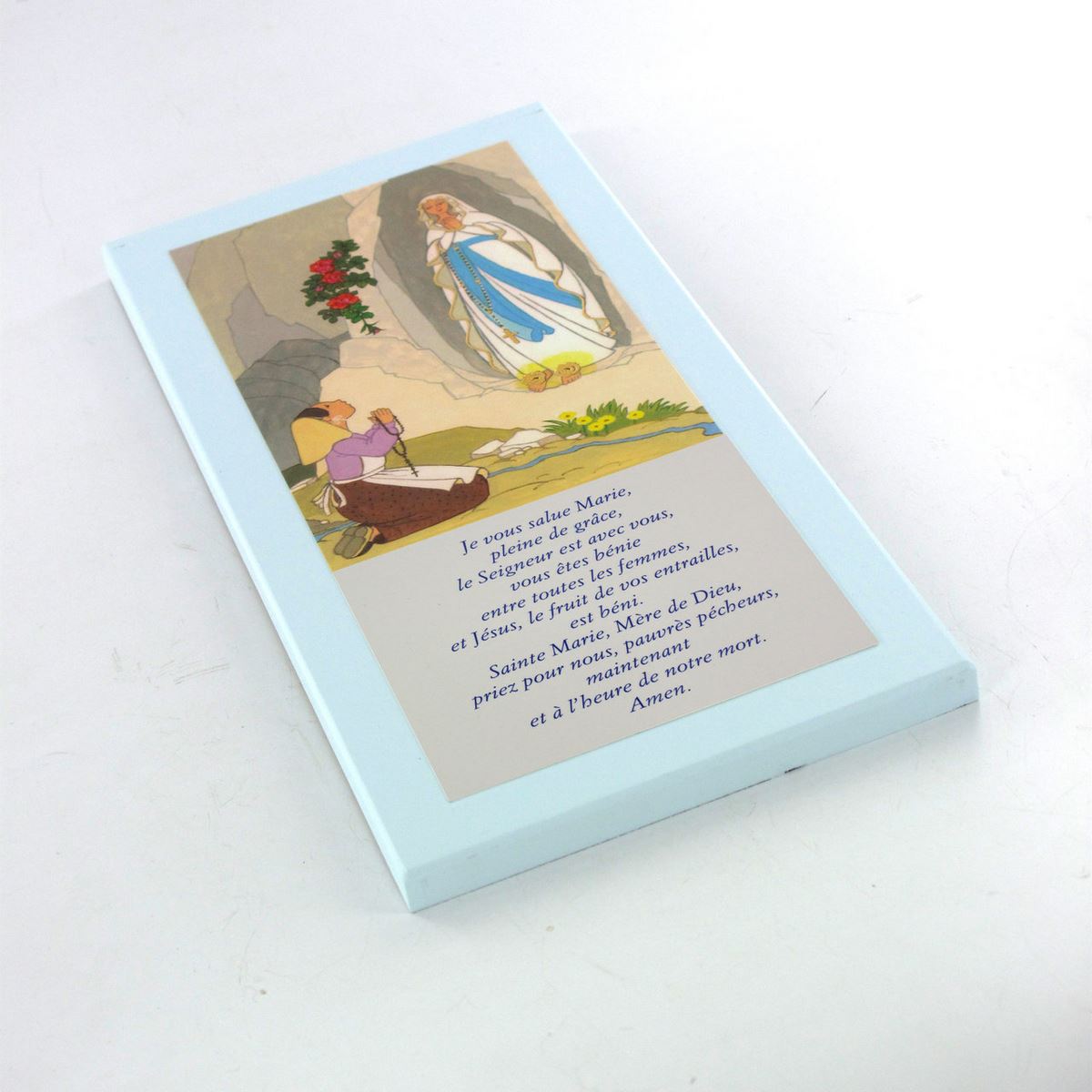 tavola lourdes con preghiera ave maria in francese su legno azzurro - 26 x 12,5 cm   