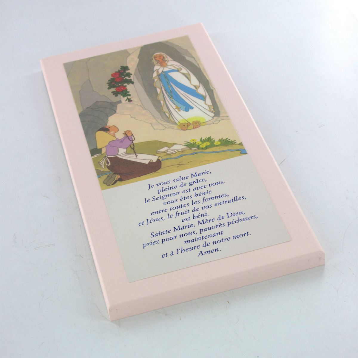 tavola lourdes con preghiera ave maria in francese su legno rosa - 26 x 12,5 cm   