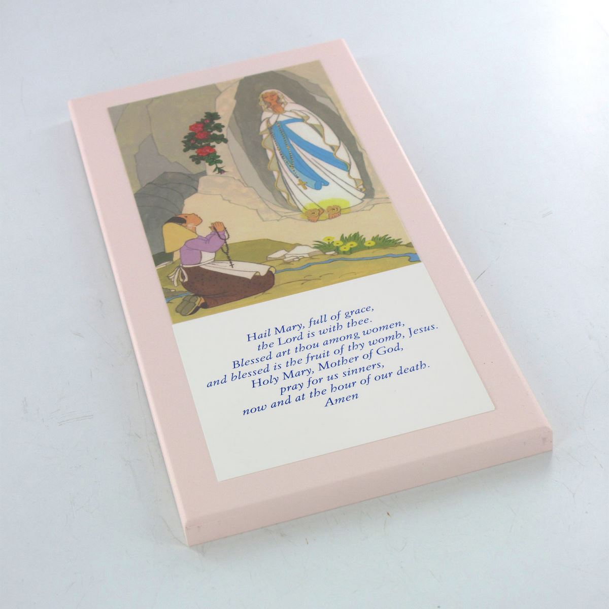 tavola lourdes con preghiera ave maria in inglese su legno rosa - 26 x 12,5 cm   