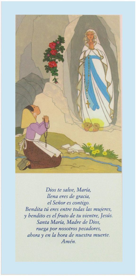 tavola lourdes con preghiera ave maria in spagnolo su legno azzurro - 26 x 12,5 cm   