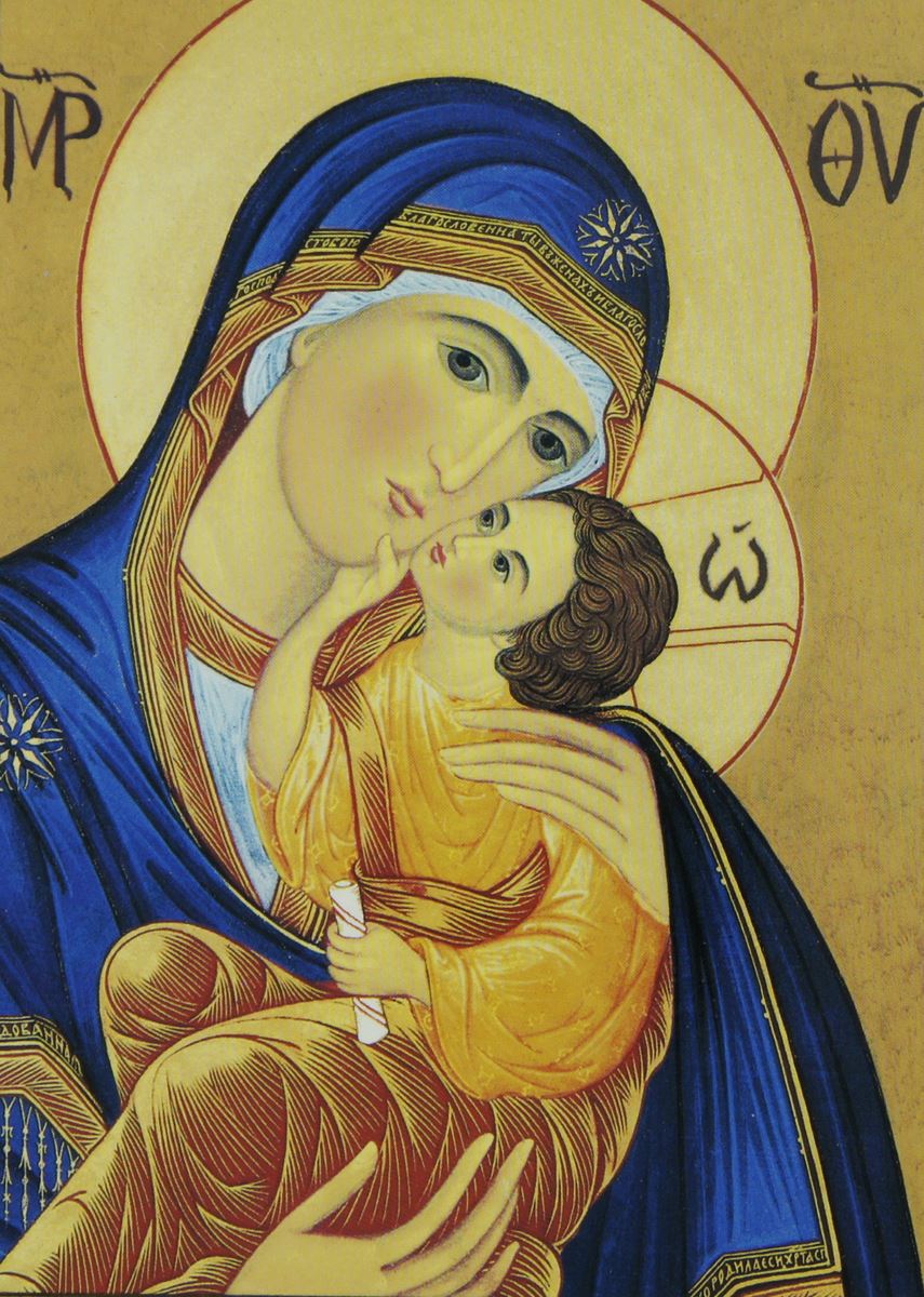 quadro icona madonna della tenerezza con il manto azzurro stampa su legno - 10 x 15 cm