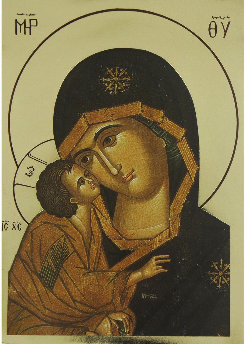 quadro icona madonna con bambino stampa su legno - 9,5 x 6,5 cm