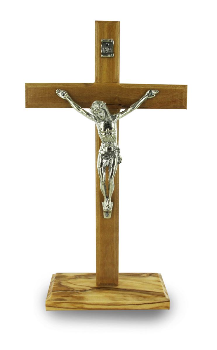 crocifisso da tavolo con base, croce in legno d'ulivo con cristo in metallo ossidato, crocifisso con piedistallo da appoggiare su altari, scrivanie e mensole, altezza croce 19 cm