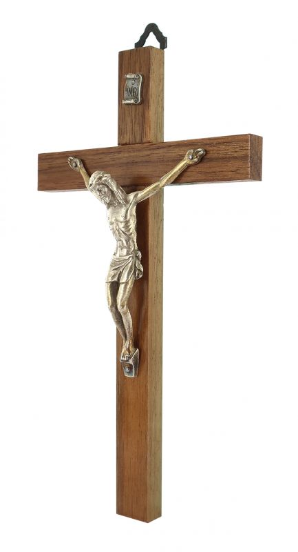 crocifisso tradizionale da parete, croce in legno di noce e corpo di cristo in metallo, 17 cm