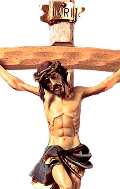 crocifisso da parete, corpo di cristo in resina e croce in legno a rifinitura grezza, altezza 35 cm