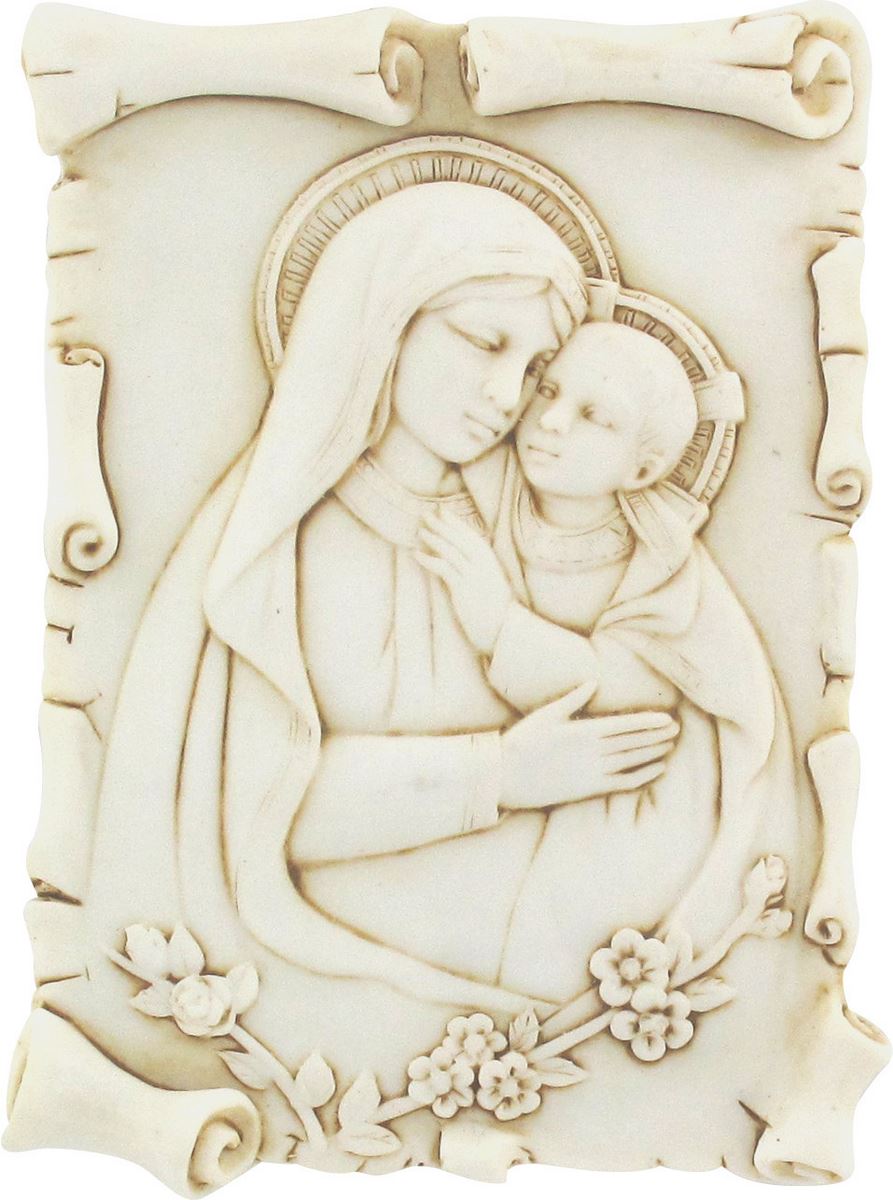 quadro madonna col bambino tipo pergamena in resina - 10 x 7 cm