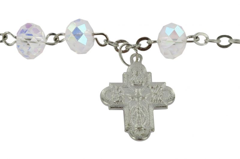 braccialetto rosario con 11 grani in cristallo di colore bianco e croce