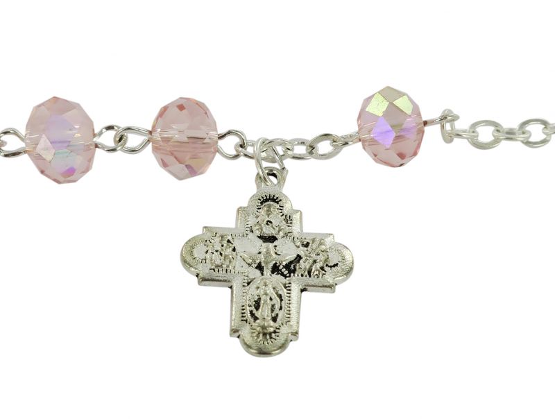 braccialetto-rosario con 11 grani di colore rosa e croce 