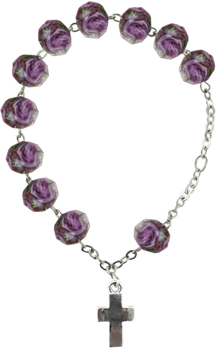 braccialetto con grani di diametro 7 mm in vetro sfaccettato di colore viola/ametista con fiori di colore rosa. 