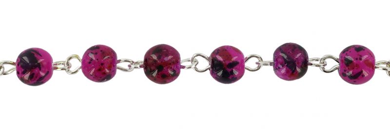 braccialetto palline in vetro maculato di mm 6 di colore rosa e croce 