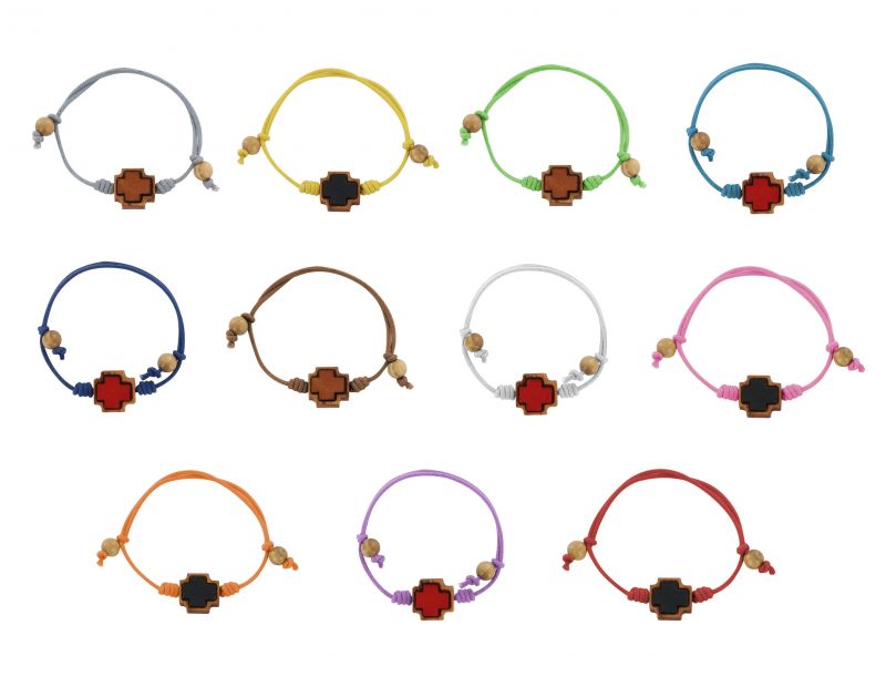 braccialetto corda croce ulivo con inserto in cuoio colori assortiti