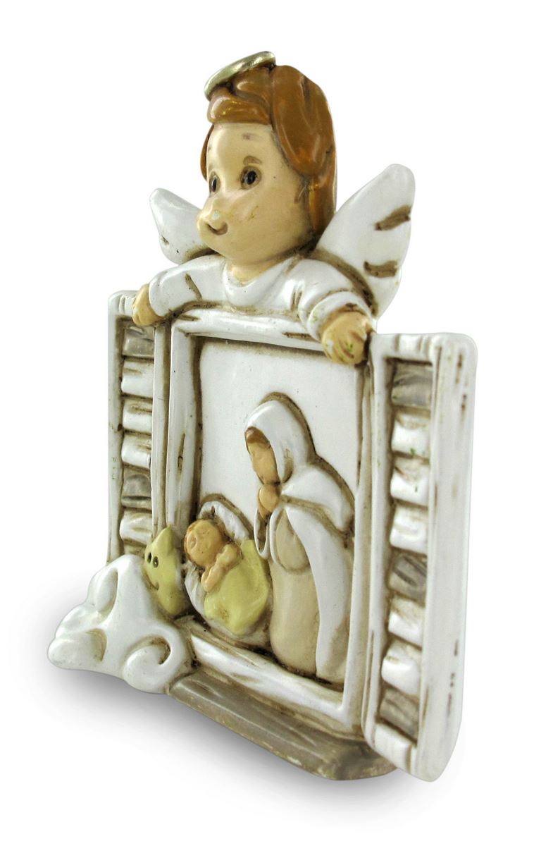 quadretto soprammobile/per scrivania angioletto e madonna che bacia bambino, in resina bianca (8 x 7,5 x 1,5 cm)