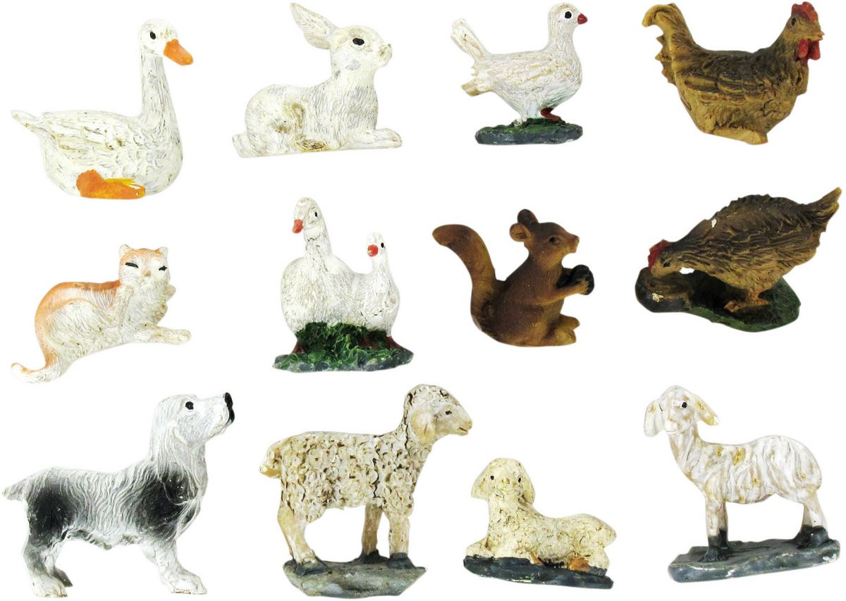 statuine animali presepe: set 12 statuette galline, coniglio, cane, oche, pecore, gatto, scoiattolo, in resina dipinta a mano (circa 2,5 cm)