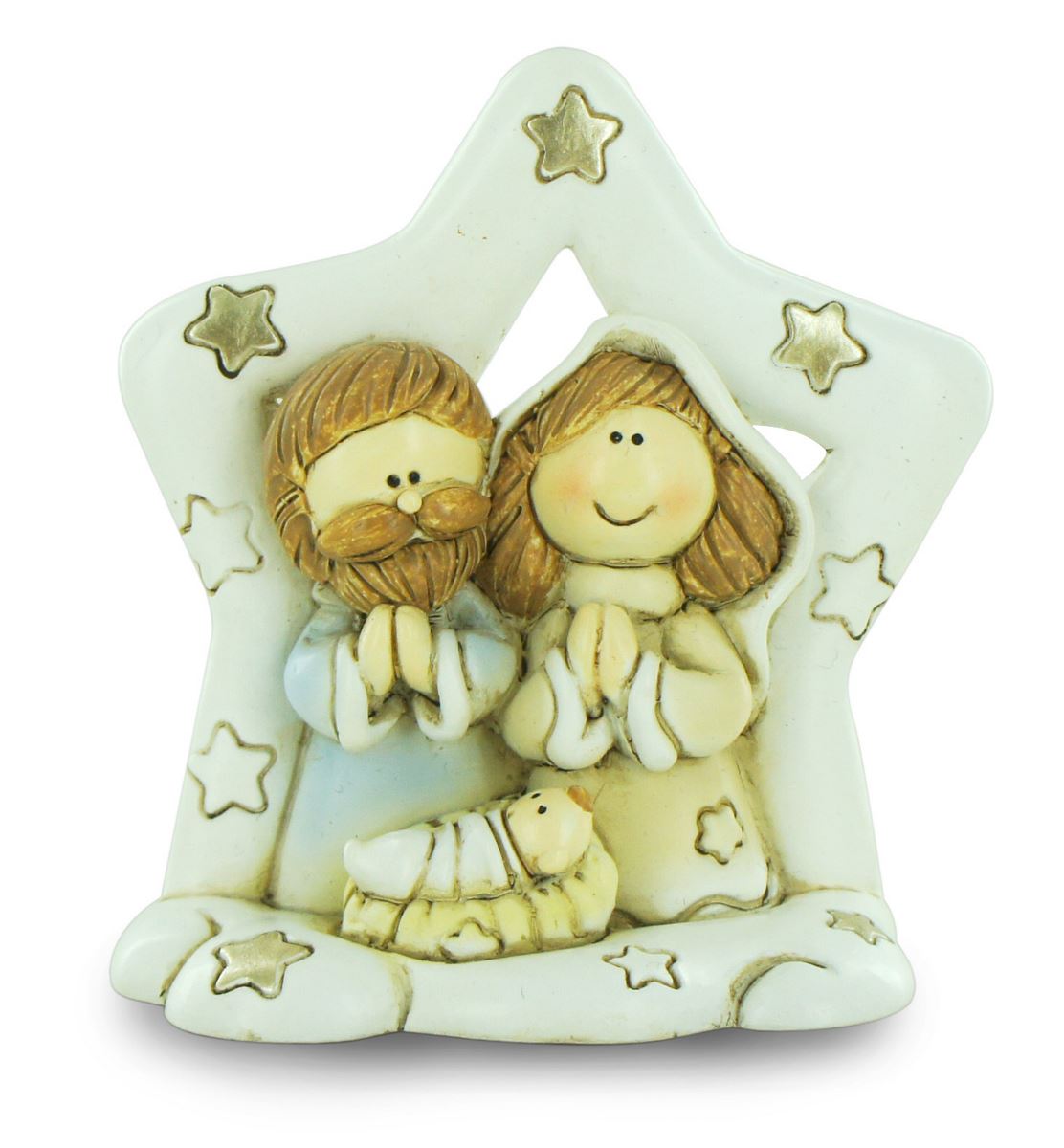natività in resina colorata, decorazione natalizia/soprammobile a stella, piccolo presepe con sacra famiglia, 8 x 8,5 cm