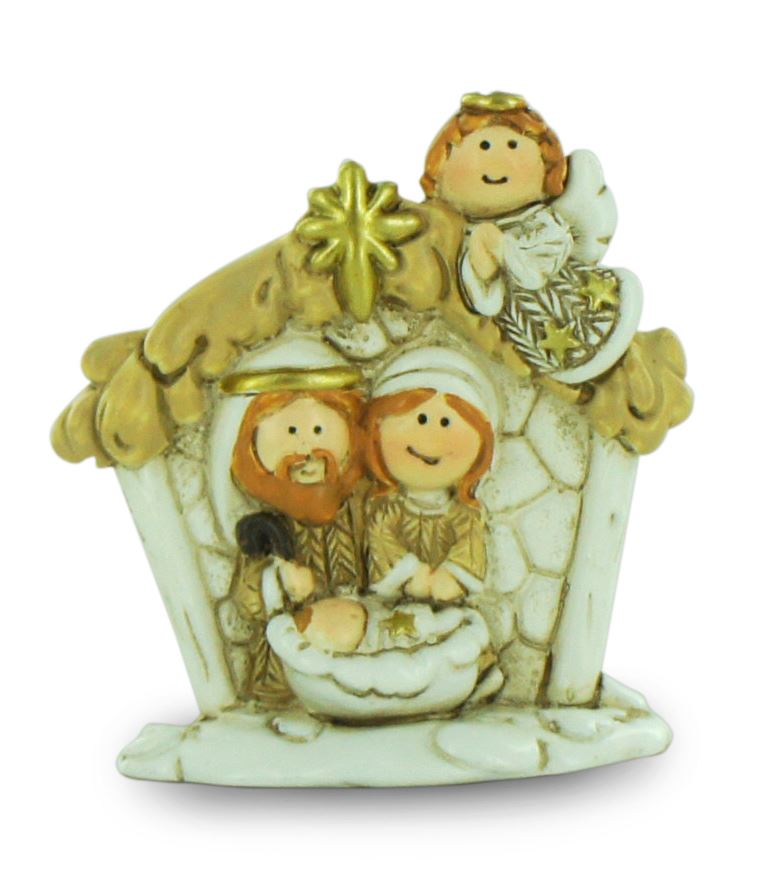 natività in resina colorata, decorazione natalizia/soprammobile, sacra famiglia con capanna e angelo, 4,5 x 5 cm