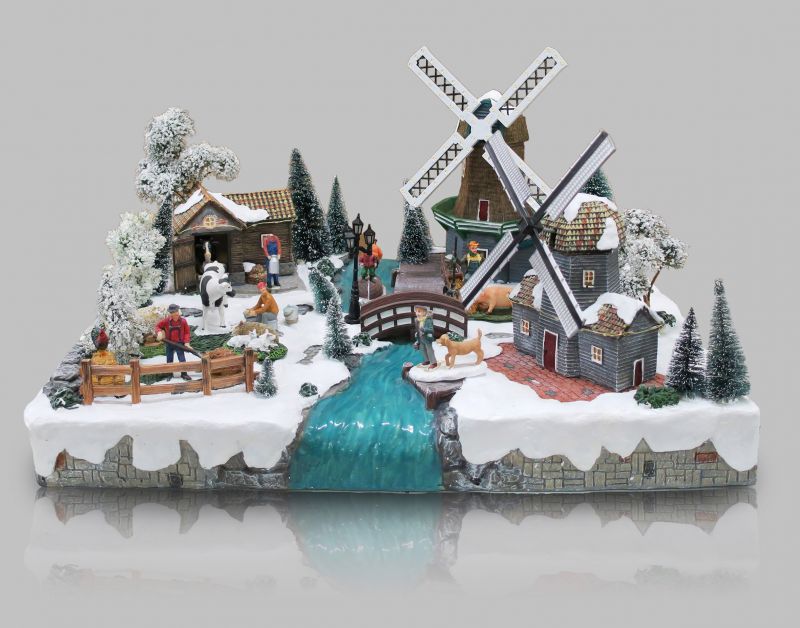 villaggio natalizio con paesaggio olandese, movimento, luci, musica (57 x 36 x 45 cm)