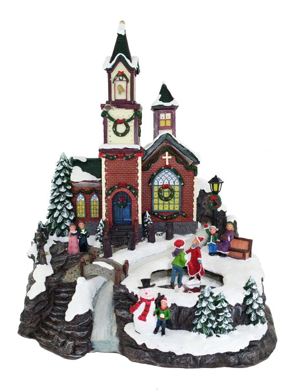 villaggio natalizio con chiesa, movimento, luci, musica (31 x 32 x 30 cm)