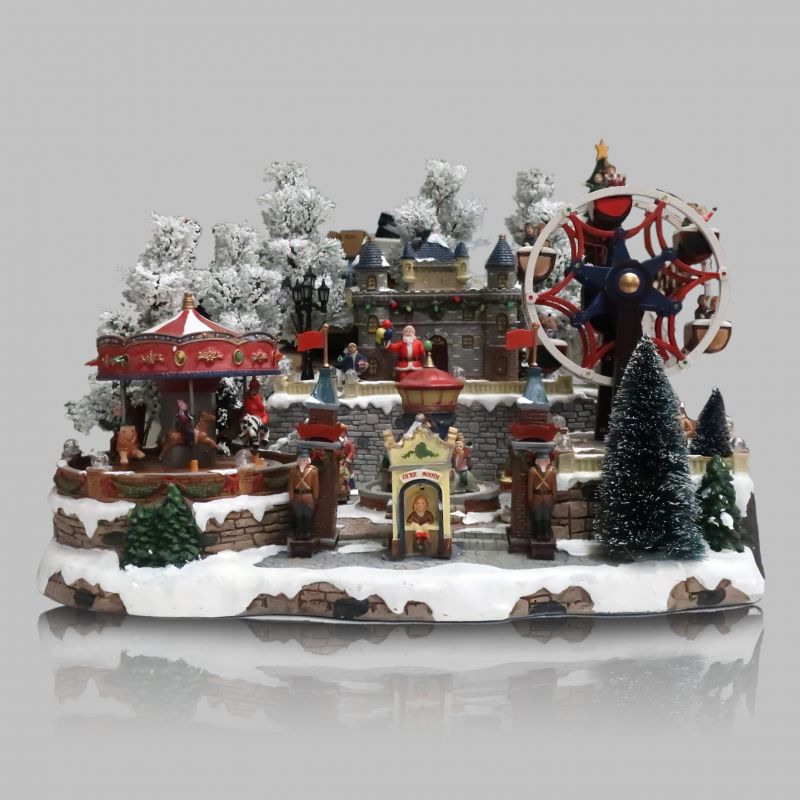 villaggio natalizio con parco divertimenti e castello, 3 giostre con movimento, luci, musica (47 x 33 x 39 cm)