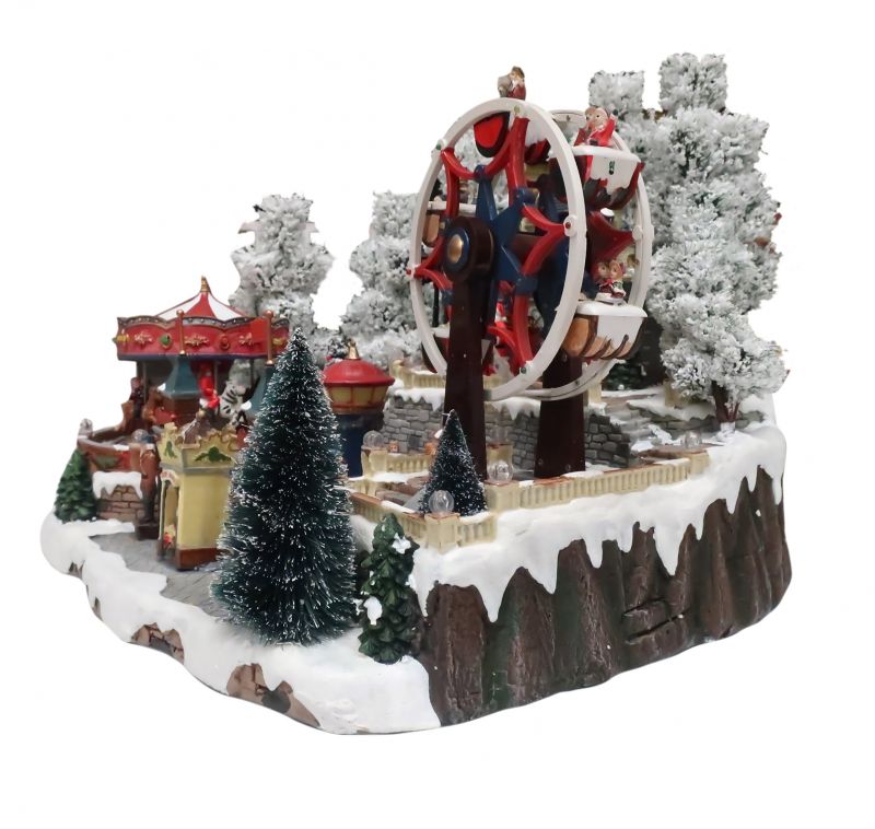 villaggio natalizio con parco divertimenti e castello, 3 giostre con movimento, luci, musica (47 x 33 x 39 cm)