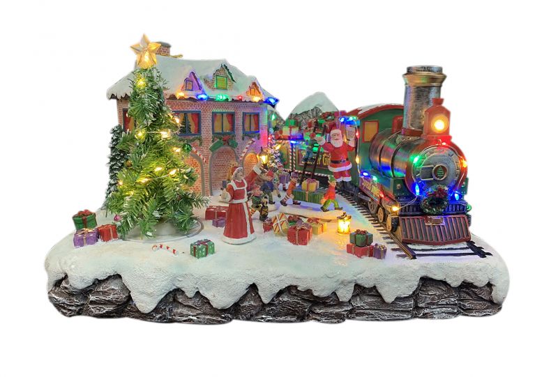 decorazione natalizia con casa addobbata, albero di natale e treno dei regali, con movimento, luci e musica