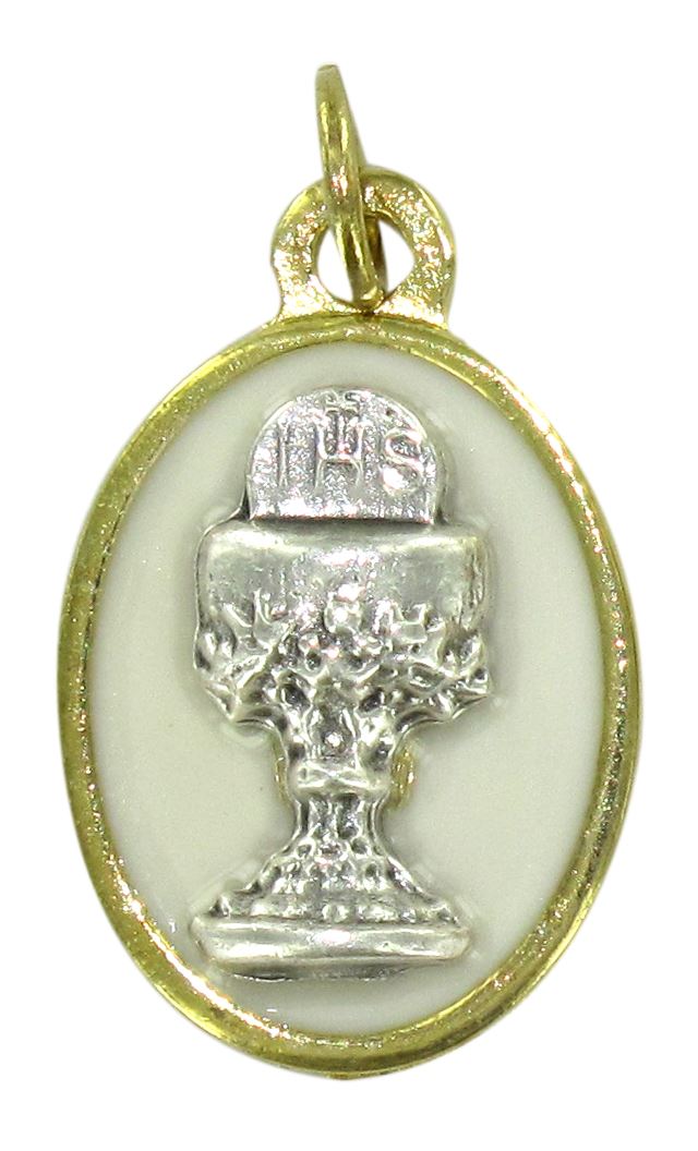 medaglia calice in metallo dorato con smalto bianco - 1,7 cm