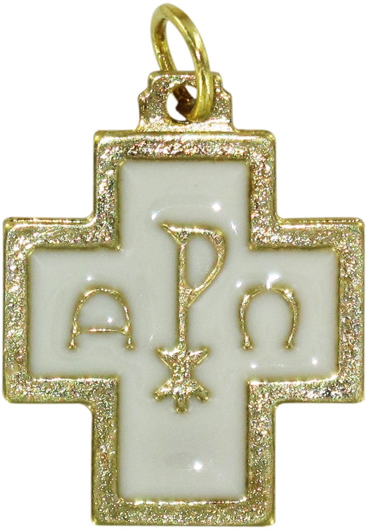 stock: croce alfa e omega metallo dorato con smalto bianco - 2 cm