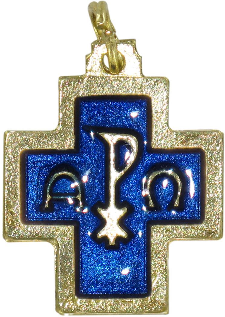 stock: croce alfa e omega in metallo dorato con smalto blu - 2 cm