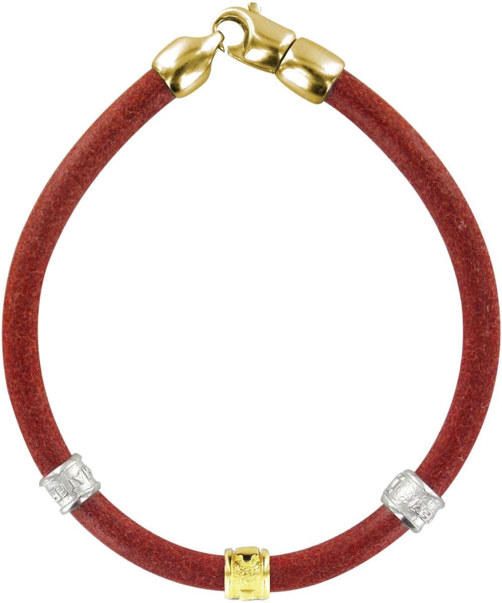 bracciale trinity in cuoio rosso con inserti ottone in bagno oro giallo e oro bianco