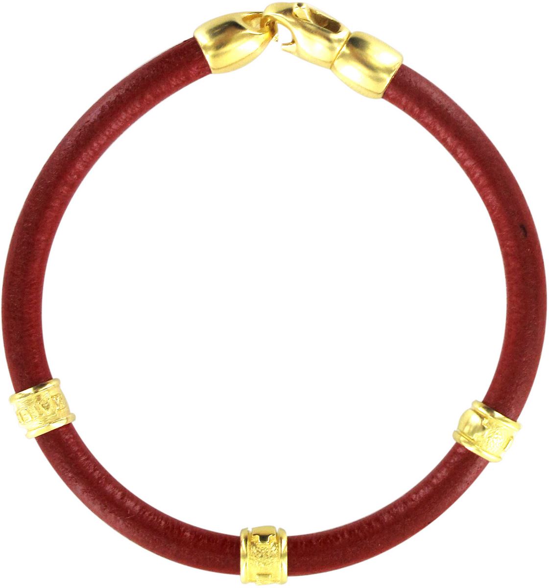 bracciale trinity in cuoio rosso con inserti ottone in bagno oro giallo 