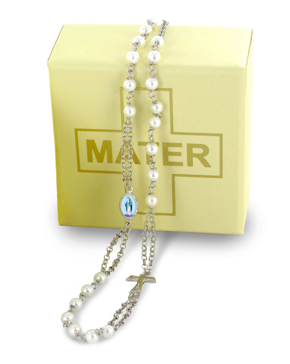 collana rosario girocollo in argento 925 perle bianche con croce tau e medaglia miracolosa in argento