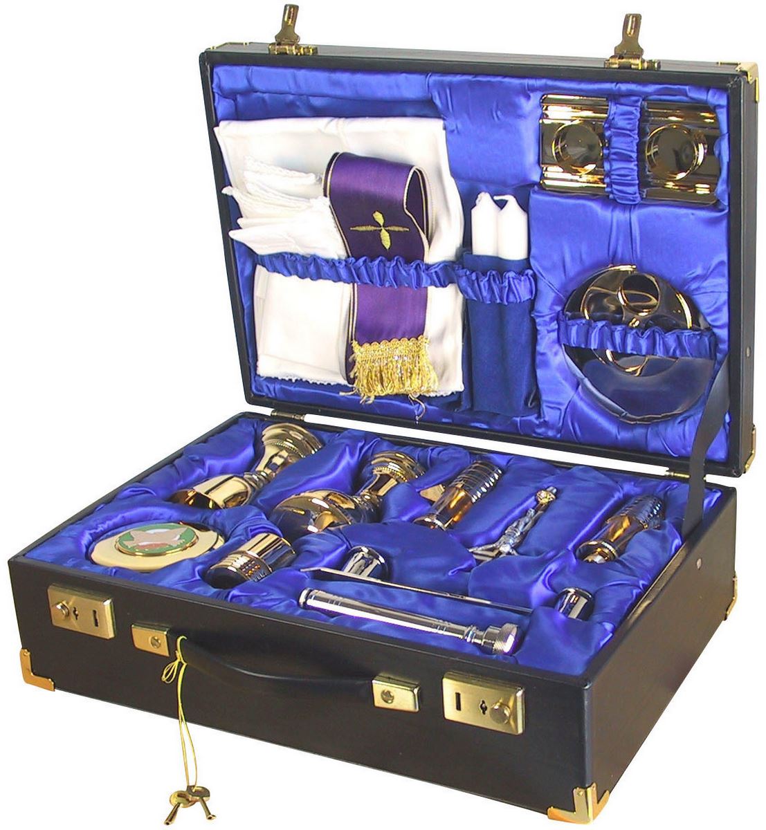 valigetta per celebrazioni, valigia da prete per messa con kit completo 16 oggetti liturgici, modello serena, pelle, 24 x 36 x 12 cm