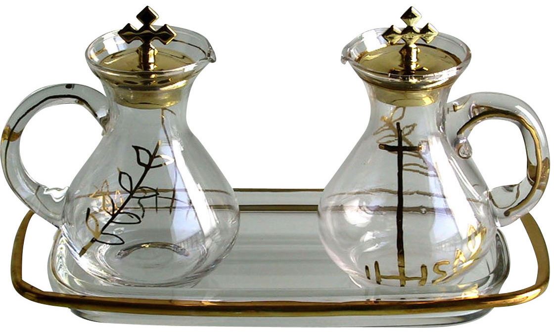 ampolline per messa con vassoio, vetro, decorazione dorata, 100 cc