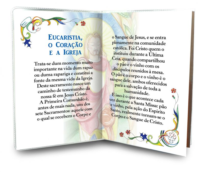 bomboniera comunione: libretto ricordo della prima comunione con medaglia dell'eucaristia, testi in portoghese