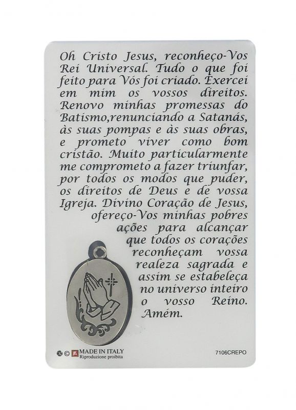 card cristo rei con medaglia resinata - 5,5 x 8,5 cm - in portoghese