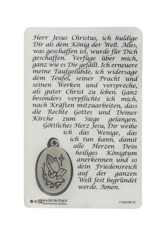 card cristo rei con medaglia resinata - 5,5 x 8,5 cm - in tedesco