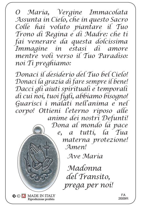 card madonna del transito con medaglia resinata - 5,5 x 8,5 cm - in italiano
